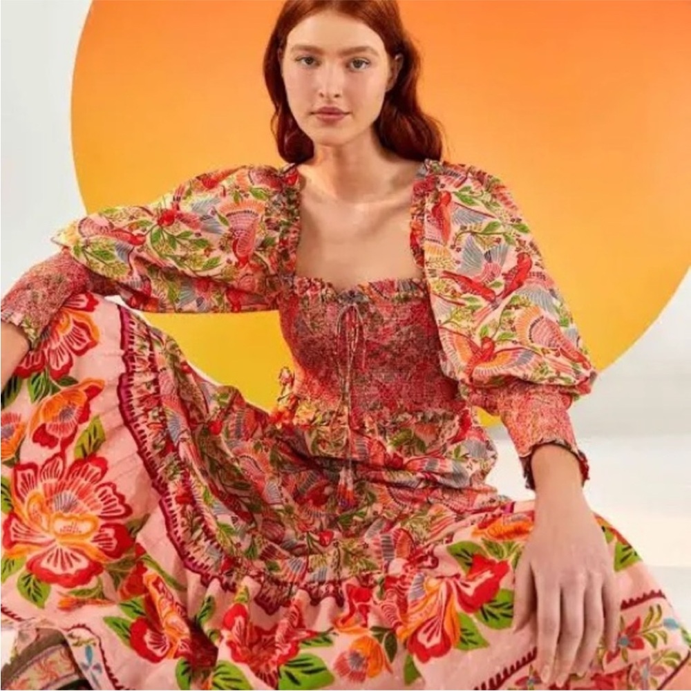 FARM RIO Pink Green Tropical Floral Macaw Bird Smocked Balloon Sleeve
Maxi Dress